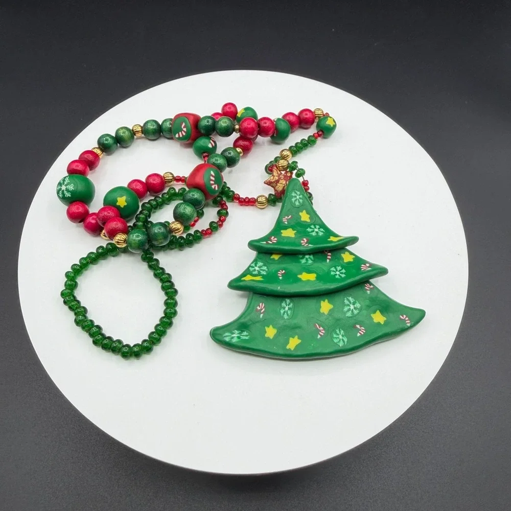 Christmas Tree Pendant Necklace Red Green Wood Beads Holiday Statement Jewelry